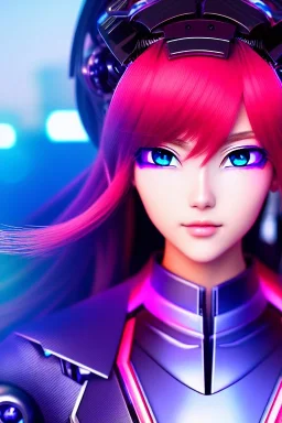 Futuristic anime cyborg, portrait from waist up, intricate eyeliner, vibrant eyeshadow, clear completion, soft lighting, 4k resolution, intricate details, insanely detailed, colorful cityscape background, masterpiece, expert, cinematic smooth, retroanime style, realistic details, no helmet, pastel hair color