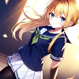 girl, masterpiece, best quality, volumetric lighting, detailed outfit, perfect eyes, long hair, golden hair, blue eyes, black stockings, school outfit, low ponytail,