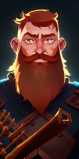 Dungeons and dragons character, warrior dwarf male, friendly face, high detail, High definition, ginger braided beard, ginger long hair in a bun, heavy armor, short height, black backdrop, mustache, battle ax