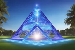 magic brightness piramidal structure coloured of light and bluebeam in a magic blue and cosmic lawn in a with lightness sky