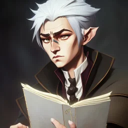 elf with gray hair in beige coat and white shirt reading a tome, studio lighting, nature background, intricately detailed, smooth glowing feathers, trending on artstation