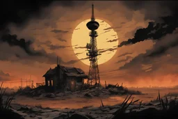 night, radio tower, apocalyptic background, comic book,