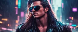 A thin Zack Efron frontal wearing sunglasses, very long hair and a leather jacket, looking downward futuristic dark rainy city clair-obscur background, Blurry photo-realistic synthwave, darksynth, retrowave, Syd Mead style