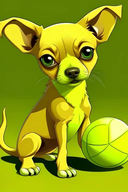 hola, quiero que grafiques el siguiente personaje: perro pincher marron claro de ojos negros, de 4 años, tamaño medio, jugando con una pelota de tenis. Tiene un collar de caracoles playeros.