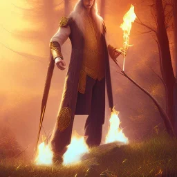 Male, Human, Blond, Sorcerer, Fire Mage, Golden Eyes, Young, Photorealism, Full Body Shot, Forest Background