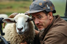 a portrait with the head of a mechanic, with a hybrid mixed body part sheep, fixing (close up old land rover 4x4) in the countryside