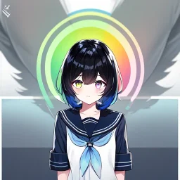 Clear focus,High resolution, Black and Rainbow short fluffy hair, and rainbow eyes, wearing a sailor uniform, must wear a short skirt with a horizontal line, you can only see her from the back, putting on sweater midway