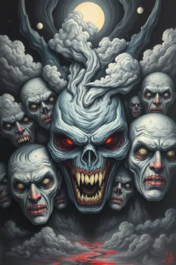 Nightmare in my mind, evil in many faces, Busch painting nightmare, thin line draw, 3D gray clouds colors
