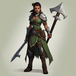 Vex'na is about six feet tall, with shoulders broad enough to suggest she could wield that axe with ease. Her skin bears the mottled green-brown pattern typical of her heritage, but the way she carries herself marks her as someone who has survived to more dangers than most half-orcs manage at ther age in this unforgiving world. There are scars across her arms and neck, white against the darker skin, each one telling a story of battles survived. Her eyes, when you catch them, hold a shrewd intell