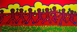 A magenta circus in the cloudy sky painted by Keith Haring