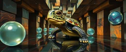 master oil painting by Rembrandt, reflective marble madness turtle character portrait, a living bowling marble halls with slightly tilted floor in a twisted block maze, scenery from the game "marble madness", crystal birds