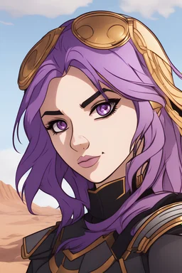 Young woman with violet hair, vivid gold eyes, bandit attite,smirking, desert background, RWBY animation style