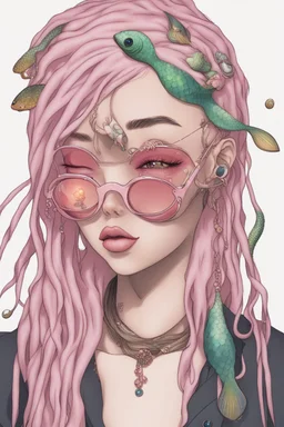 tecno mermaid some fish scales on face pink hair dreadlock sunglasses gem in front