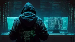 picture of a bad ass hacker at work from behind facing forward in the style of cyber punk