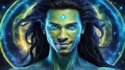 beautiful gorgeous young man na'vi with long hair, Avatar, blue skin, two small ears, green eyes, blue skin, black hair, in cosmic suit, galactic ambiance, medium pointy goatee , smiling, nebulas and sacred geometry light figures on the backgroud,