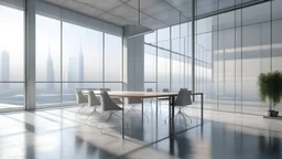 Side view on meeting room with light modern furniture and city view from glass wall behind blurred glass partition from office area with concrete floor. 3D rendering