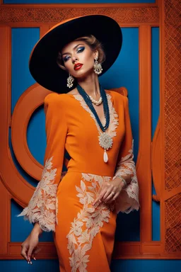 full body beautiful girl, elegant orange,lace clothes of the 80s, luxury style, small elegant hat with feather, hair of the 80s, pearl necklace, earrings masterful, beautiful face,blue backdrop