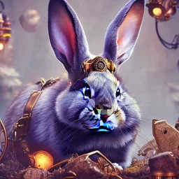 steampunk rabbit, extremely detailed, UHD, 8k,The close-up camera effect,sharp focus,perfect, background forest,position,hyperphotorealistic