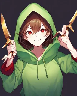 A character with short brown hair, red eyes who wears a green blouse open with its hood, holds a bright red knife, Smile insanely and very angry, dark background Very dark and HQ Manga.