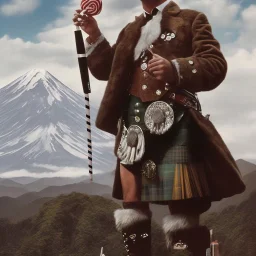 Sean Connery in a kilt eating a lollipop in front of Mt. Fuji