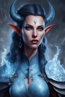 generate a dungeons and dragons character portrait of a female tiefling sorceress who uses ice magic