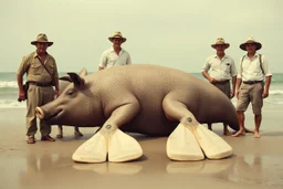 1930's washed out faded color photography of European explorers dressed in khaki pants and clean pressed white button-down shirts and safari hats posing on a beach, limp knocked out colossal fantastical pig-like sea creature with flippers washed up on beach in front of them, absurd, realism,