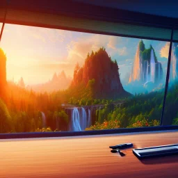 desk, parquet, sheet of paper, little pen, in front of a huge picture window with large view on a waterfall with warm light, sunset ,pixar style, panorama, nature, globe, HD, Hallelujah mountains