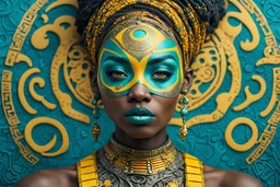 colorpop style, an African woman with yellow makeup and face art, in the style of sci-fi baroque, canon eos 5d mark iv, celtic art, dotted, teal and silver, egyptian iconography, contest winner
