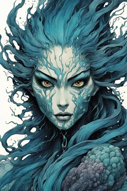front facing illustration of a malevolent shape shifting female Funayurei water spirit with highly detailed facial features and skin textures, in the style of Alex Pardee , Jean Giraud Moebius, and Katsushika Hokusai, highly detailed, boldly inked, deep murky aquatic color