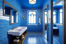 Pictures of bathrooms in Mathaf Restaurant. The walls and floors are colored in shades of blue and white