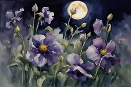 Night, purple flowers, moon, gothic horror films influence, johnsinger sargent watercolor paintings