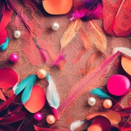 delicate arrangement of lace pearls and feathers, chiaroscuro, vivid colors, festive colors, dramatic lighting, beautiful composition, aesthetic layout