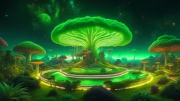 "Lush space island for social interaction, cosmic gardens, glowing green mycelium network, inviting, friendly. Warm colors, soft lighting, 8k, inspired by utopian space art."