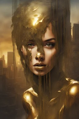 An exaggerated female face is the centerpiece, staring into the camera, with a bustling urban streetscape merged within her facial features. The cityscape is notably prominent in her features, as if seen in the reflections in her eyes and lips. The face appears to be melting, with golden liquid metal dripping from the eyes and lips, flowing over the incorporated city scene, creating a sense of movement and surrealism. The golden flow not only imparts a vivid sense of dynamism to the image