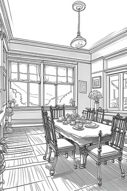 Outline art, house interior design, dining room, no shading, no lines, cartoon style, --ar 9:11