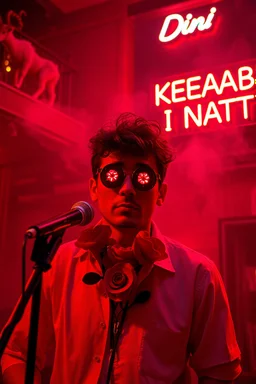 An spanish Guy with "popsicle" big eyes "Enrique" performing at dance club, his name is "Enrique" Red roses On stage, red Neon lights and smog, and "Din KEBAB I NATT" big sign on the wall, serenade under balcony,a female lamb on the balcony
