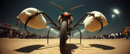 pinhole cam, airbrush 3d rendering, cyberpunk robot The Mantis Pillow Fighter, huge mech 🦗🥊 A bizarre upright bicycle-creature, front wheel replaced by articulated mantis-like arms carrying enormous inflatable pillows, looking far too serious about complying with official pillow-fighting regulations.