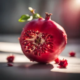 a red pomegranate, back lighting, blurred background