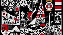 An abstract and geometric illustration by Malevich and Kuniyoshi of a black and white desert filled with symbols with an anarchist red and back flag.