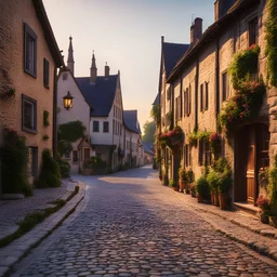 Historic german Village Street An early morning or golden hour shot of a historic german village street, showing the charm of cobblestone paths and centuries-old architecture, with a warm glow and soft focus on distant details, realistic photo, 8K