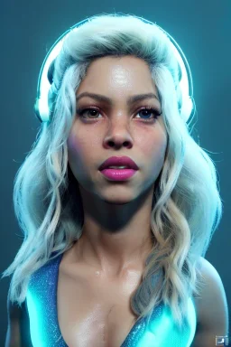 Shakira artist, Realistic image, natural waist up portrait, natural busty , perfect eyes, glow, circle iris, eye liner. spray line make up, glow. lips, gold. big rings piercing, led ornament. coat, vibrant color, highly detailed, art stations, concept art, smooth, unreal engine 5, god lights, ray tracing, RTX, lumen lighting, ultra detail, volumetric lighting, 3d, finely drawn, high definition, 4k.