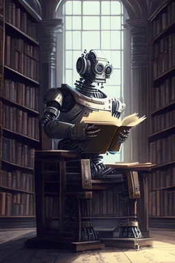 A huge library is serviced by computers, and there are many books on the shelves. The robot is sitting on a chair at the table and holding an antique book in his hands. Expression. High-quality drawing, 8K