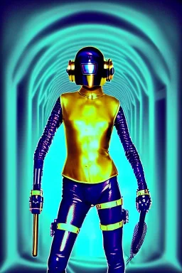 Cyan photograph Cyber-punk girl random mask, old AKG-style big headphones, golden rings & disc. Fencing mask covers cheeks. Uma Thurman, Kill Bill, steel sword. thick tights, thick calves. old-fashioned camera lenses. Ancient artifact attached to perfect body. Tomb Raider. 5th dimensional Escher tiling background. Daft Punk, Tron Movie. Matrix movie clothes, tippet. Cyan latex. Wicked sneakers. 1990's. An old telephone microphone as mouth. Electronic circuits. Minimalism, fashion Haute Couture