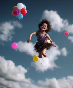 Ultra realistic speed clouds sky scene, wide angle view, childs falling down with many Childs background, circus dress style, feather color, free jumping flying, many trinkets, hair monster, many jelly beans, balls, color smoke, smile, happy, extreme, wind, clouds sea, 20,000 feet altitude, stratosphere, soft color, highly detailed, unreal engine 5, ray tracing, RTX, lumen lighting, ultra detail, volumetric lighting, 3d, finely drawn, high definition, high resolution.