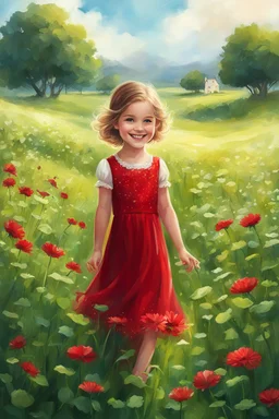 Adorable digital painting of a beautiful little girl in a gorgeous red dress smiling in a field surrounded by clover, high quality