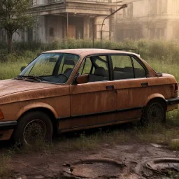 an abandoned 1990 bmw rust 2-door overgrown by nature with dust ,ultra realistic,concept, 4k ,on street,8k resolution, high-quality, fine-detail, parked in crowded city winter