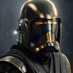 star wars bald male corellian pilot wearing dark gunmetal grey and black First Order special forces TIE pilot armored flightsuit and helmet with gold trim inside the jedi temple, centered head and shoulders portrait, hyperdetailed, dynamic lighting, hyperdetailed background, 8k resolution, volumetric lighting, light skin, fully symmetric details