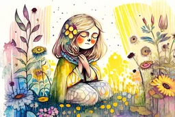 thankful praying owl girl in flowergarden in sunshine, watercolor and ink