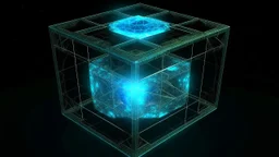 Cube tesseract from movie Loki, located strictly in the middle of picture with space around it and with glow in tesseract, but without glow below it, without background or table.