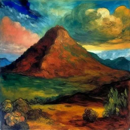 A brown mountain made out of salty cooked meat painted by Paul Gauguin